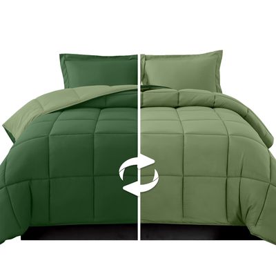 Elegant Comfort 3-Piece Reversible Comforter Set, All Season Cozy, Soft Down Alternative, Quilted - Box Stitched - Duvet Insert with 4 Corner Tabs, Comforter with Shams, Queen, Hunter Green/Sage