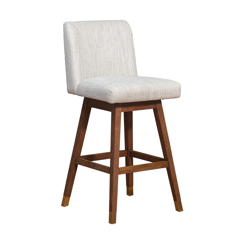 Armen Living Basila Modern Farmhouse 30" Seat Height Swivel Bar Stool for Kitchen Island Counter in Brown Oak Wood with Beige Fabric