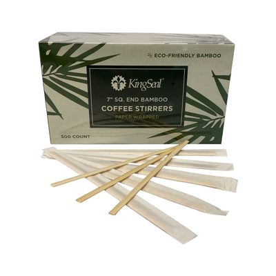 1000 Count | KingSeal Individually Paper Wrapped Bamboo Coffee Stir Sticks, 7 inches, Square End, 100% Renewable and Biodegradable - 2 Boxes x 500 Stirrers