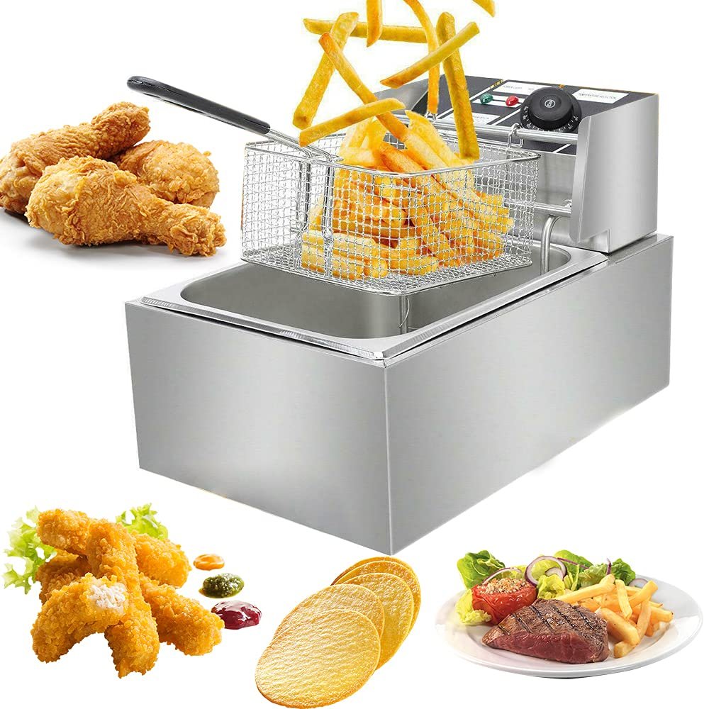 Electric Deep Fryer with Basket & Lid, Stainless Steel Professional Commercial Home Frying Machine Chicken Turkey Chips French Fryer (1 Tank)