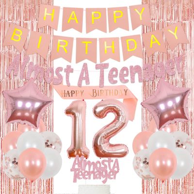 12th Birthday Decorations Rose Gold for Girls Women, Sweet 12th Foil Balloon Birthday Decoration Almost A Teenager Banner Tinsel Curtain Balloon Happy Birthday Sash Cake Topper Birthday Decoration Kit