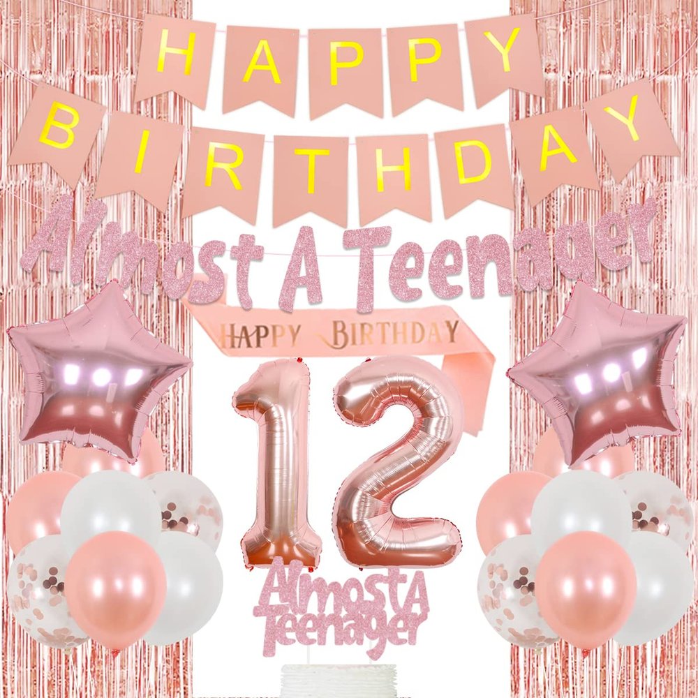 12th Birthday Decorations Rose Gold for Girls Women, Sweet 12th Foil Balloon Birthday Decoration Almost A Teenager Banner Tinsel Curtain Balloon Happy Birthday Sash Cake Topper Birthday Decoration Kit