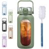 BLUEGO 64oz Glass Water Bottles with Straw Time Marker Half Gallon Large Motivational Water Bottle with Silicone Sleeve 2 Liter Large Glass Water Jug for Gym, Sports& Workout, Daily, 02 Olive view 1