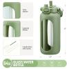BLUEGO 64oz Glass Water Bottles with Straw Time Marker Half Gallon Large Motivational Water Bottle with Silicone Sleeve 2 Liter Large Glass Water Jug for Gym, Sports& Workout, Daily, 02 Olive view 4