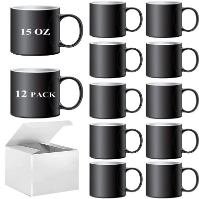 ABBSH Color Changing Mugs, Sublimation Mugs Black Color Changing Coffee Mugs Heat Sensitive Coffee Mugs Tazas Magicas Para Sublimacion 15 OZ With Box Set of 12