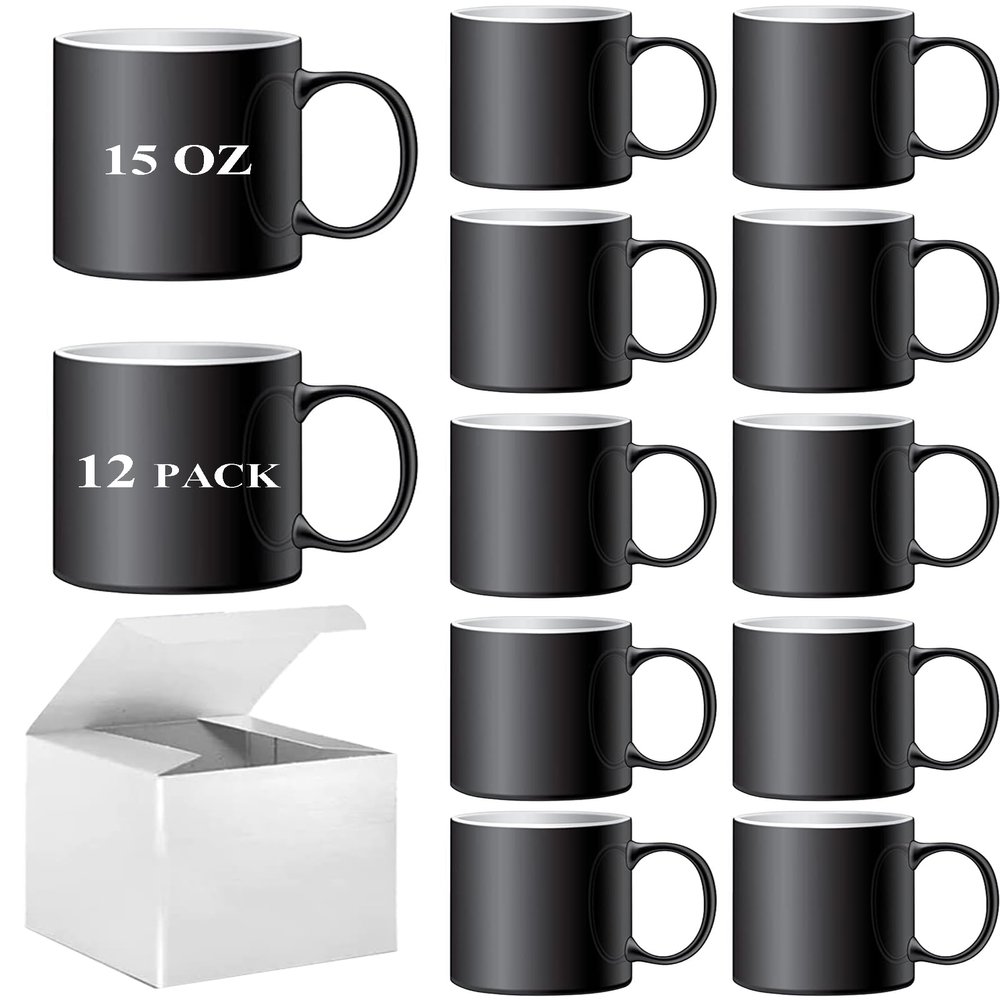 ABBSH Color Changing Mugs, Sublimation Mugs Black Color Changing Coffee Mugs Heat Sensitive Coffee Mugs Tazas Magicas Para Sublimacion 15 OZ With Box Set of 12