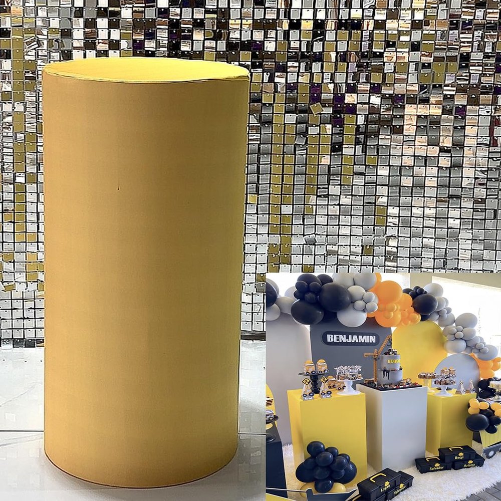 Dark Yellow Cylinder Cover for Baby Birthday Party Newborn Baby Shower Baptism Communion Christening Elastic Plinth Cover Decoration Pedestal Cover