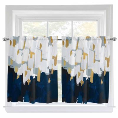 Abstract Navy Blue Kitchen Curtain 45 Inch Length, Small Short Cafe Tiers Curtains Drape, Geometric Modern White Painting Color, 2 Panel Window Treatment Rod Pocket Drapery Panels Curtains 55x45