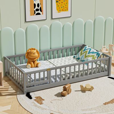 i-POOK Twin Floor Bed for Children, Sturdy Wood Montessori Bed Frame with Wood Slats, Fence & Door, Montessori Floor Bed for Girls and Boys, Gray
