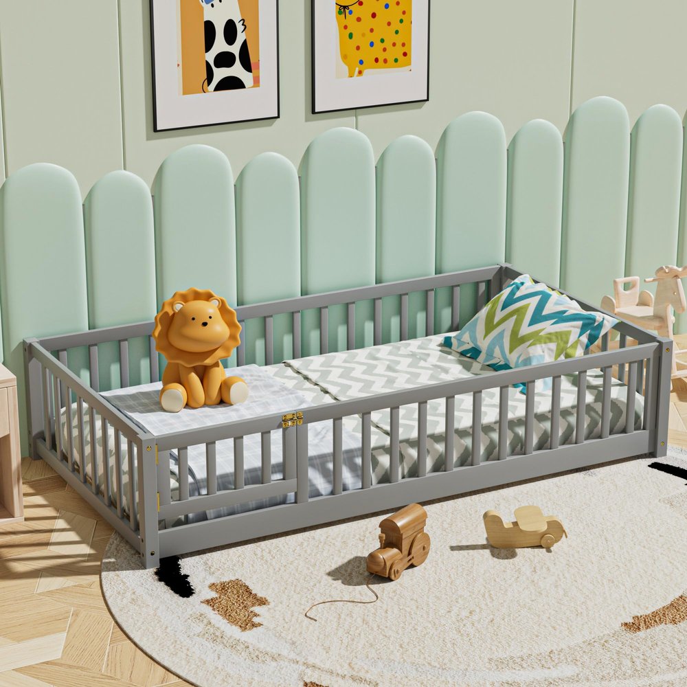 i-POOK Twin Floor Bed for Children, Sturdy Wood Montessori Bed Frame with Wood Slats, Fence & Door, Montessori Floor Bed for Girls and Boys, Gray