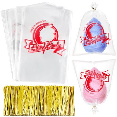 Geyee 500 Pcs Cotton Candy Bags with Ties Cotton Candy with Print Clear Large Carnival for Party and Kitchen, 11.8 x 17.7 Inch