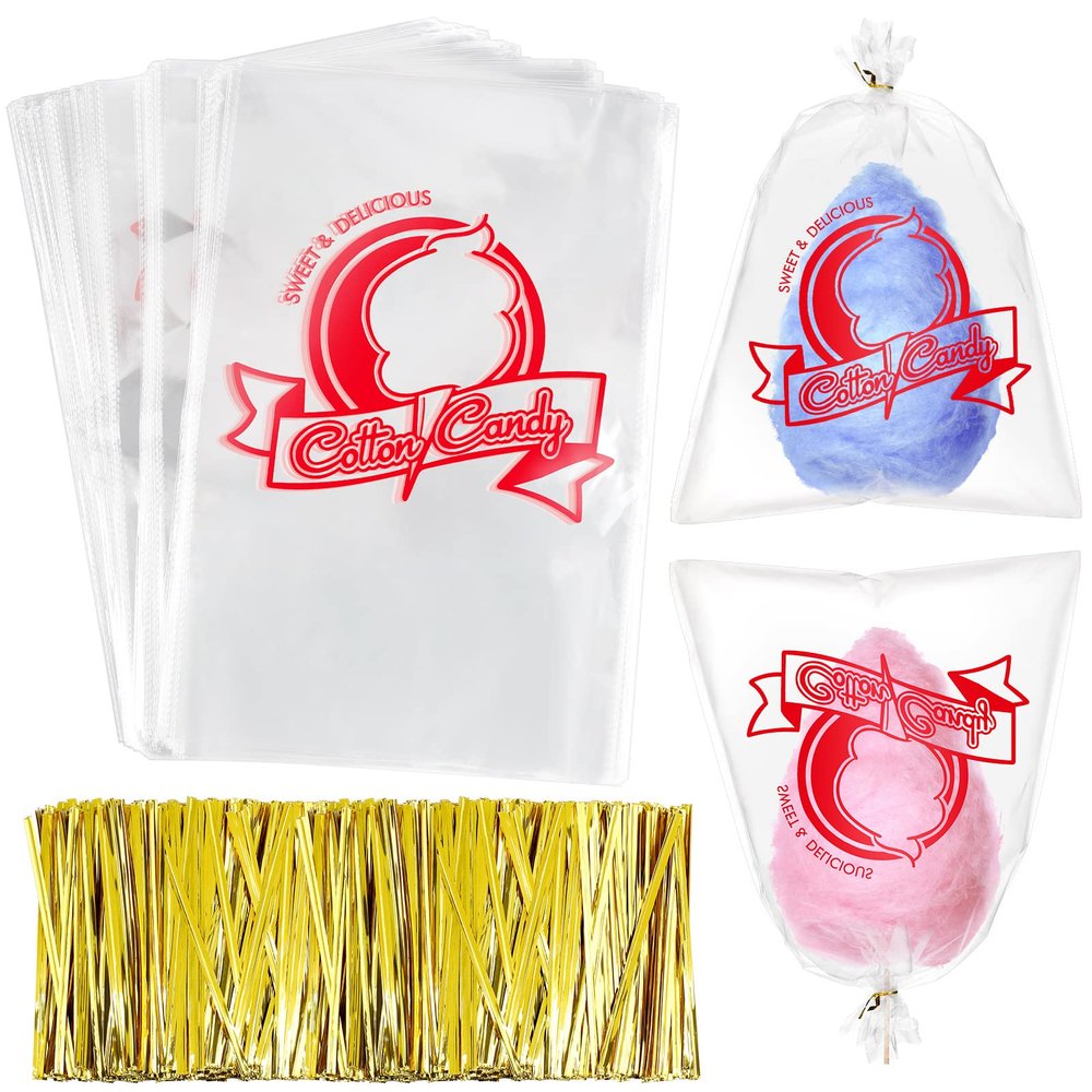 Geyee 500 Pcs Cotton Candy Bags with Ties Cotton Candy with Print Clear Large Carnival for Party and Kitchen, 11.8 x 17.7 Inch