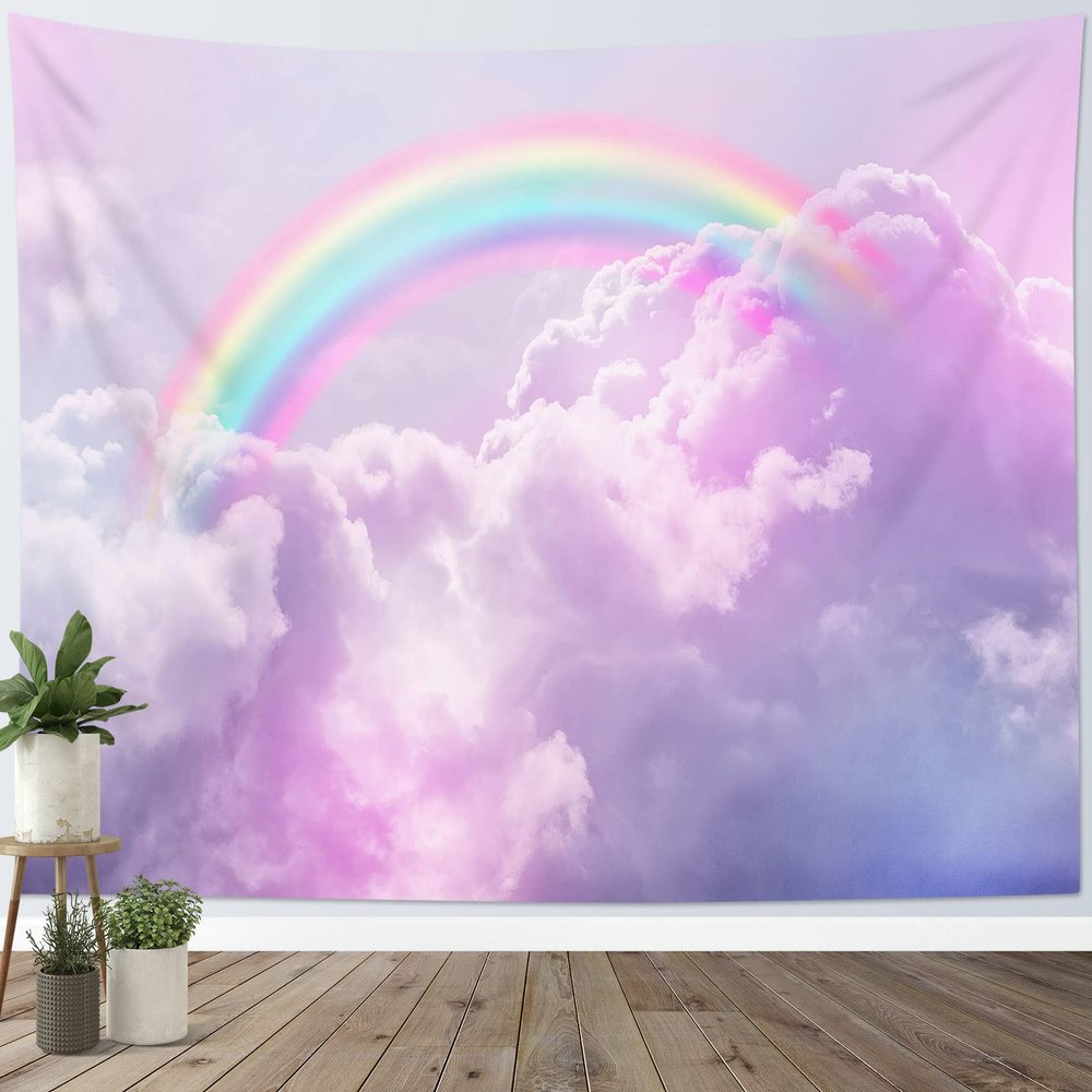 LB Pink Colorful Cloud Tapestry Wall Hanging Aesthetic Fantasy Rainbow Sky Natural Landscape Wall Tapestry for Girls Kids Bedroom Living Room Dorm 60x40 Inches