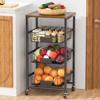XYZLVSI Kitchen Storage Cart with Wheels, 4-Tier Metal Utility Rolling Cart Fruit Vegetable Storage Basket Pantry Rack with Wood Top & Pull Out Baskets for Kitchen, Livingroom, Diningroom, Office