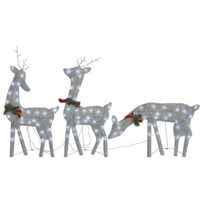 vidaXL Silver Christmas Reindeer Family Decoration with Red Bows and Cold White Lights - Fabric and Steel Christmas Ornaments