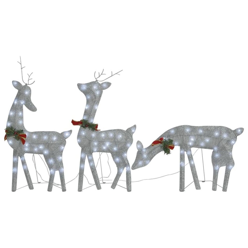 vidaXL Silver Christmas Reindeer Family Decoration with Red Bows and Cold White Lights - Fabric and Steel Christmas Ornaments