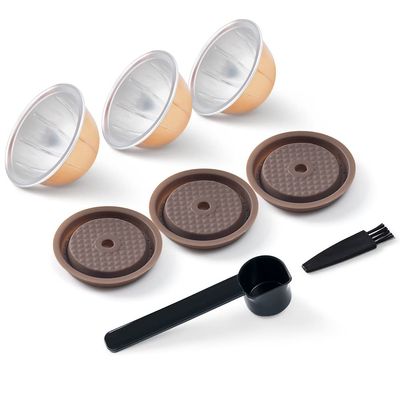 Reusable V ERTUO Capsule Lids 3 Pcs + EMPTY V ertuo Pods-80+150+230ml Each 6 Pcs Compatible With Vertuo Coffee Maker, BENFUCHEN Reusable Silicone Cap For nes presso V ertuo Reusable Pods Kit