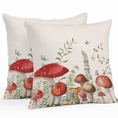 Retro Mushroom Waterproof Outdoor Throw Pillow Covers 20''x20'' Pack 2, Pillow Cases Throw Cushion Cover with Zipper Boho Butterflies Botanical Floral Wildflowers Green Leaves Pillowcase for Sofa