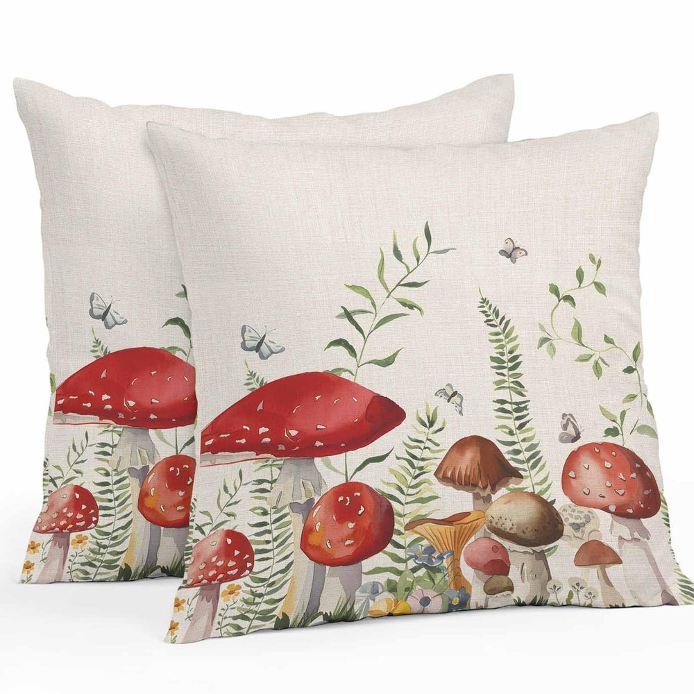 Retro Mushroom Waterproof Outdoor Throw Pillow Covers 20''x20'' Pack 2, Pillow Cases Throw Cushion Cover with Zipper Boho Butterflies Botanical Floral Wildflowers Green Leaves Pillowcase for Sofa