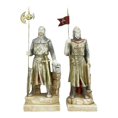 Set 2 Knights Crusaders Soldiers Cast Stone Statue Sculpture