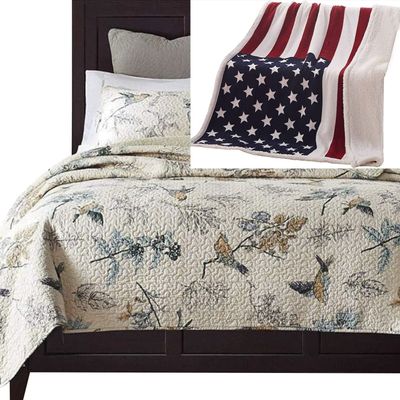 Brandream Beige Quilts Queen Size Coverlet Set Birds Bedding Set Cotton Quilted Bedspreads Winter Bed Set
