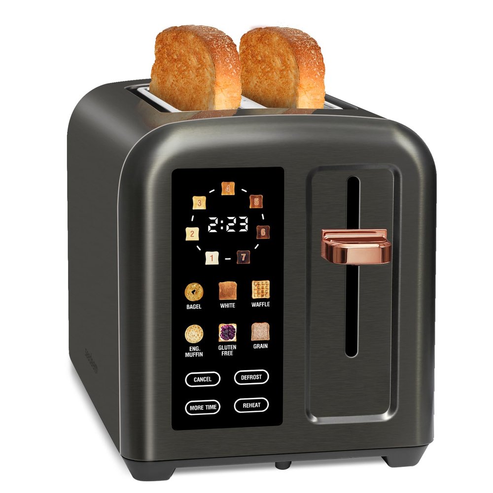 SEEDEEM Toaster 2 Slice, Touch Control Stainless Toaster LCD Display, 50% Faster Heating Speed, 1.4'' Wide Slots, More Timer Functions, Removable Crumb Tray, 1350W, Dark Metallic