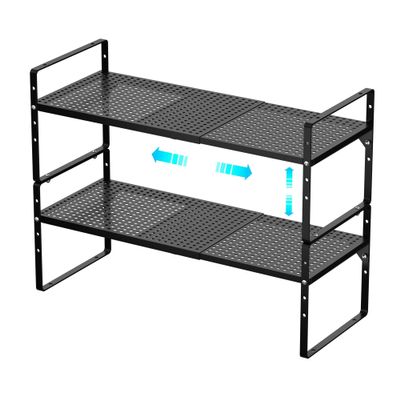 Redrubbit Expandable Cabinet Storage Shelf, Adjustable Height Steel Metal Kitchen Counter Organizers Shelves Spice Rack for Kitchen Pantry Bathroom Cupboard Desk Home Office, Black-2 Pack