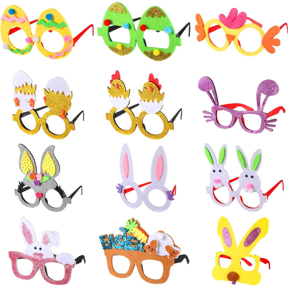 Hungdao 12 Pcs Felt Easter Glasses Easter Egg Glasses Frame Bulk Bunny Eyeglasses Plastic Photo Props for Kids Adult Easter Basket Stuffers Filler Easter Party Favors Decor Supplies
