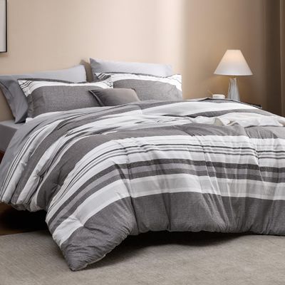 Bedsure Queen Comforter Set 7 Pieces, Frost Grey Striped Bedding Set for All Seasons, Reversible, Cationic Dyeing Bed in a Bag with Comforter, Sheets, Pillowcases & Shams