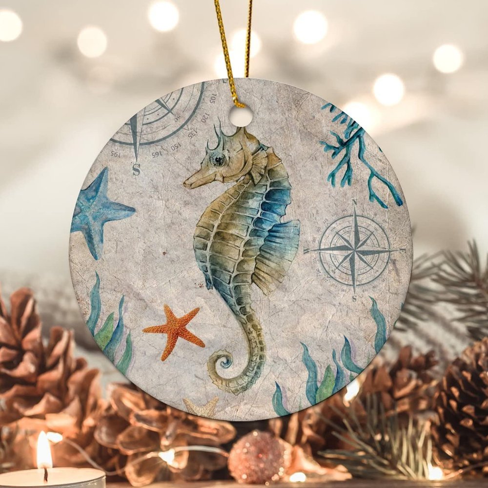 Bomehhjuli Hippocampus Christmas Ornament Ocean Life Ceramic Keepsake 3.2 Inch Two Side Printed Artistic Hanging for Home Room Decoration Christmas Winter Wonderland Holiday Housewarming Gift