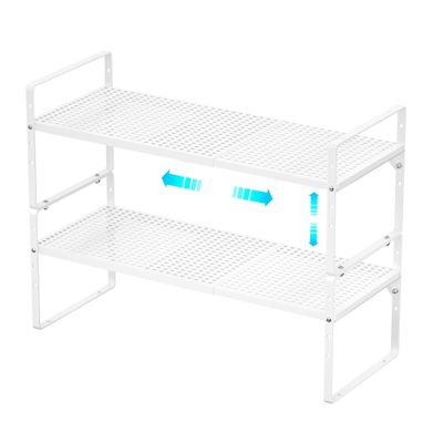 Redrubbit Expandable Cabinet Storage Shelf, Adjustable Height Steel Metal Kitchen Counter Organizers Shelves Spice Rack for Kitchen Pantry Bathroom Cupboard Desk Home Office, White-2 Pack