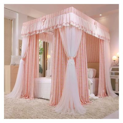 Bed Canopy Luxury Floor Type Bed Curtain, Bedroom Decorative Bed Canopy with Mounting Bracket, Double-Deck Protective Single Double Bed Curtain, Easy to Assemble (Color : Pink, Size : 200x220x210cm