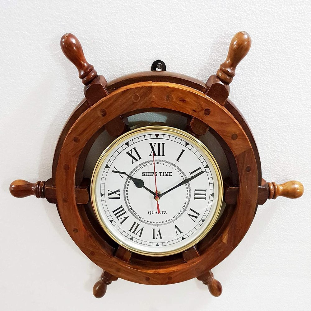 Antique Marine 18" Wooden Ship Wheel Clock Nautical Wall Clock Home Decor