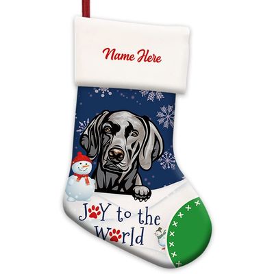 MALIIHONG Joy to The Wrold Dog Christmas Stocking Weimaraner Dog Snowman Snowflake Custom Name Candy Gift Bags Fireplace Holiday Hanging Decor Stocking 14.4"