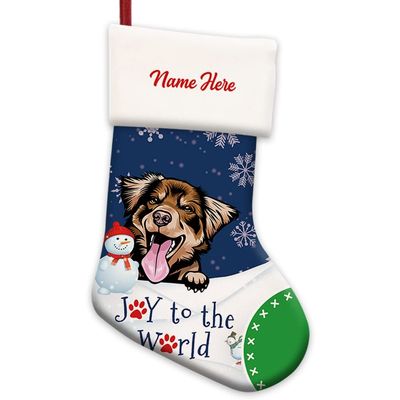 MALIIHONG Joy to The Wrold Dog Christmas Stocking Funny Australian Shepherd Dog Snowman Snowflake Custom Name Candy Gift Bags Fireplace Holiday Hanging Decor Stocking 14.4"
