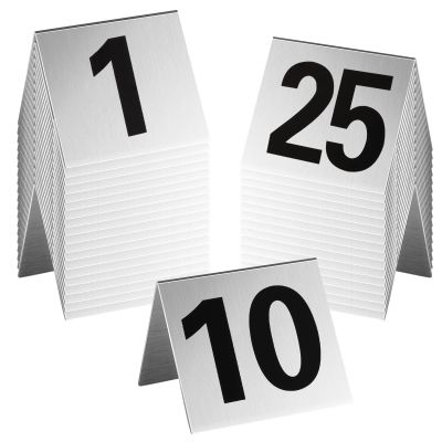 Amyhill 25 Pcs Metal Table Numbers Aluminum Restaurant Table Tent 1-25 Stackable Place Cards for Food Service Cafes Bars Wedding Reception Gatherings, 2.36 x 2.17 Inches