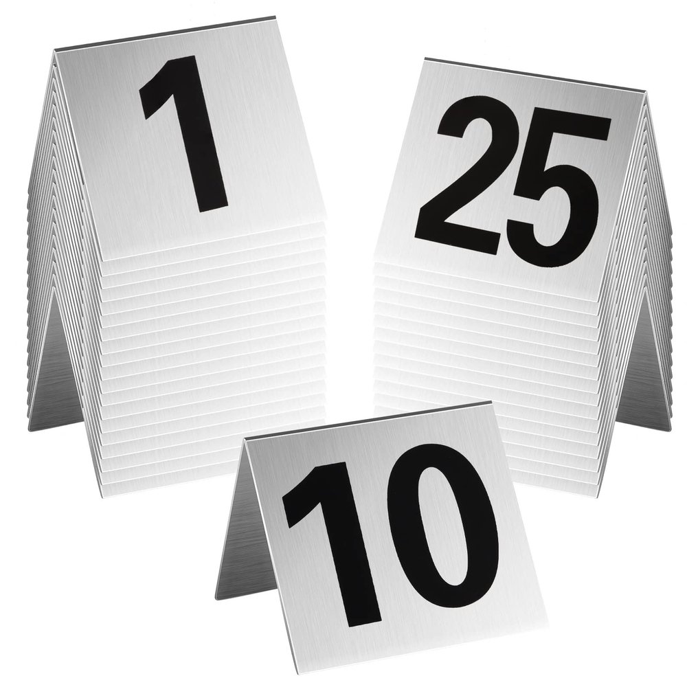 Amyhill 25 Pcs Metal Table Numbers Aluminum Restaurant Table Tent 1-25 Stackable Place Cards for Food Service Cafes Bars Wedding Reception Gatherings, 2.36 x 2.17 Inches