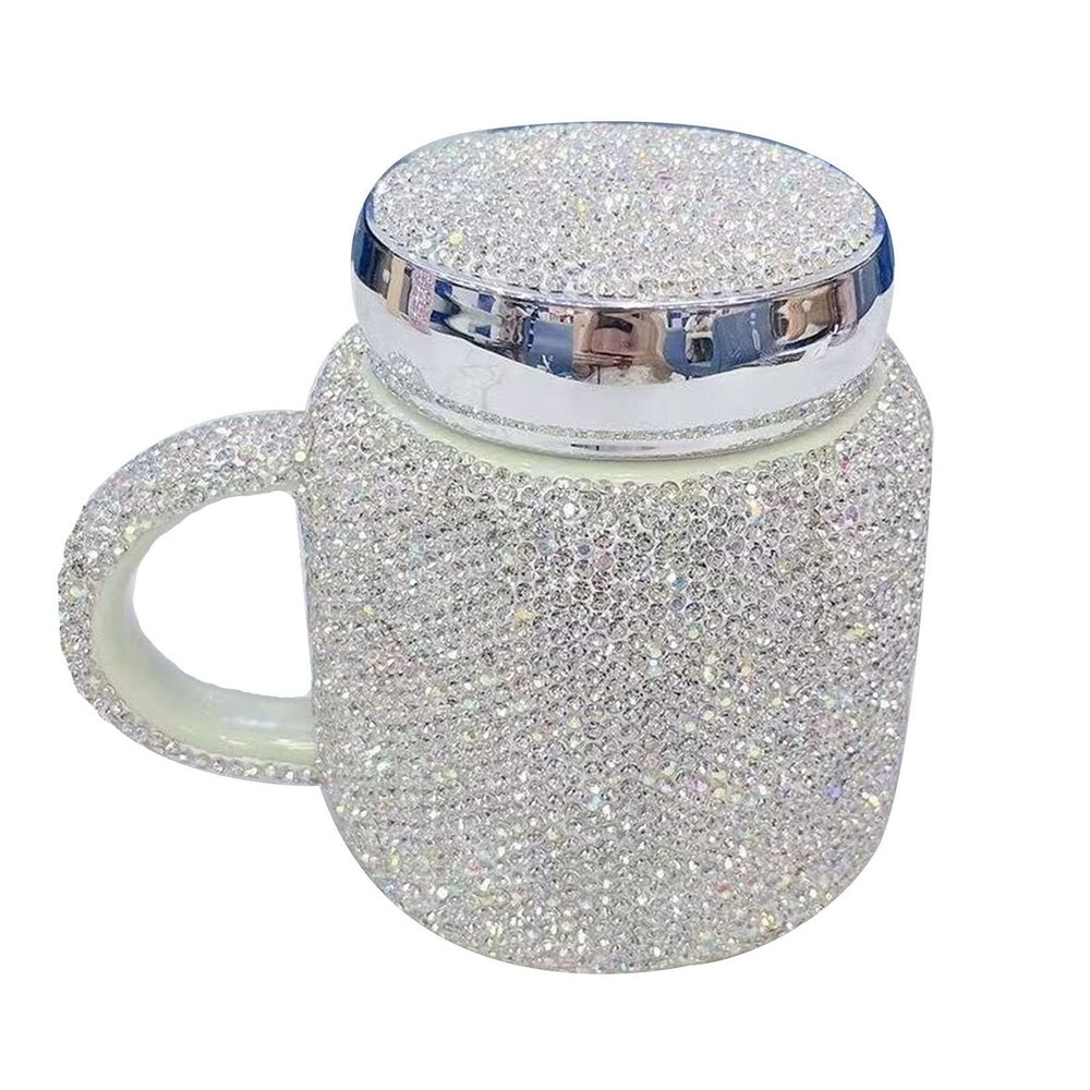 Bling Water Bottle Rhinestone,Bling Cups with Rhinestones Ceramic Travel Mug Coffee Mug 400 ML with Lid, Bling Gifts for Women Christmas Birthday Gift Office Outdoor Home,Silver