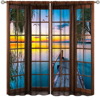 Landscape Curtains,Natural Scenery Rustic Window Curtains,Forest Lake Sunset Print Bedroom Living Room Home Decoration 42x45 Inch
