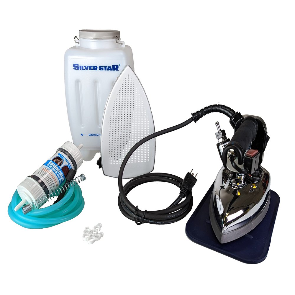 Silver Star ES-85AF Steam Iron  110 Volt Gravity Fed Hanging Bottle Clothes Iron with Non-Stick Laminate Sole Plate, Demineralizer Cartridge, Silicon Iron Rest & Hardware