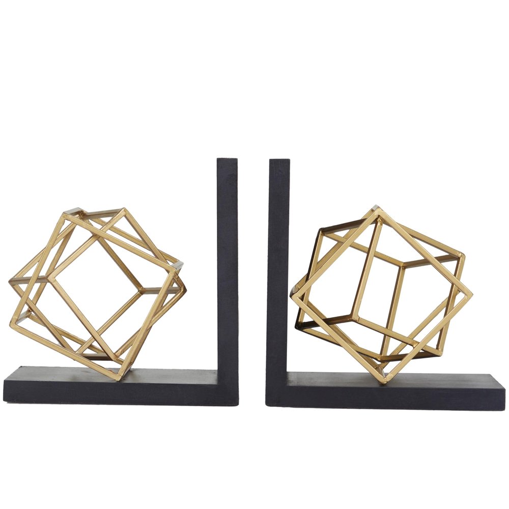 Deco 79 Stainless Steel Metal Geometric Decorative Bookends Overlapping Cube Non Skid Bookends with Black Bases, Set of 2 Office Bookends8"W, 8"H, Gold