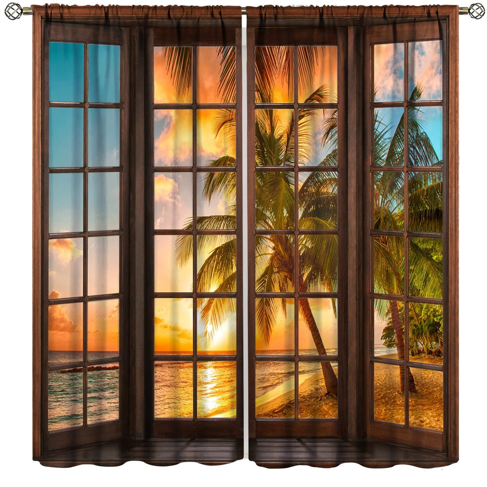 Landscape Curtains,Beach Sea Coconut Trees Natural Landscape Rustic Window Curtains Bedroom Living Room Kitchen Cafe 42x45 Inch