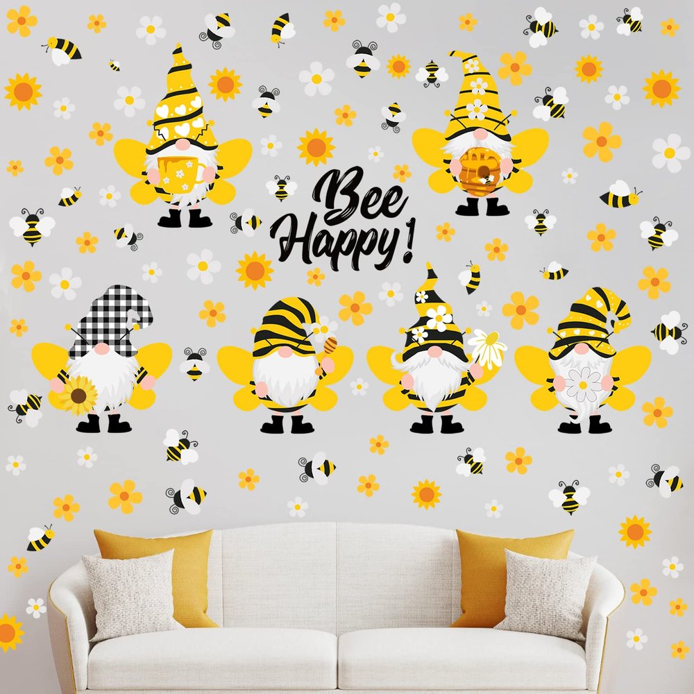 Capoda 167 Pcs Bee Gnome Wall Decals 6 Sheets Summer Window Clings Sunflower Gnome Wall Sticker for Glass Windows Summer Clings Decor Static Stickers for Rewards Home Office Birthday Party Supplies