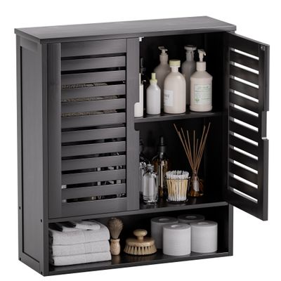 SMIBUY Bathroom Cabinet Wall Mounted, Bamboo Over-The-Toilet Storage Organizer, Space Saver Medicine Cabinet with 2 Door and Adjustable Shelves (Black)