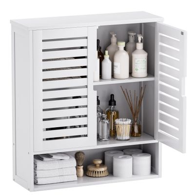 SMIBUY Bathroom Cabinet Wall Mounted, Bamboo Over-The-Toilet Storage Organizer, Space Saver Medicine Cabinet with 2 Door and Adjustable Shelves (White)