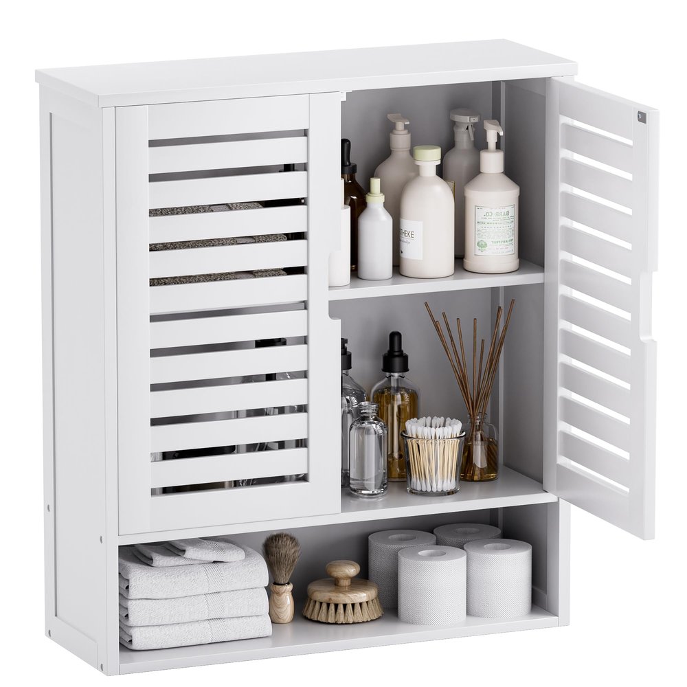 SMIBUY Bathroom Cabinet Wall Mounted, Bamboo Over-The-Toilet Storage Organizer, Space Saver Medicine Cabinet with 2 Door and Adjustable Shelves (White)