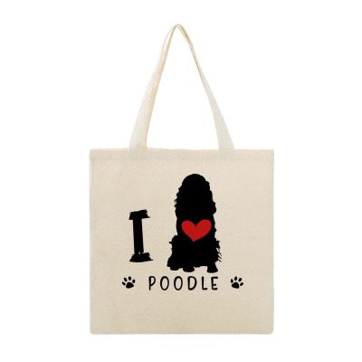 ENEDNATE Dog Silhouette with Heart,I Love Poodle Reusable Canvas Tote Bag Cute Dog Decor Shopping Tote Bags for Girls Women Christmas Birthday 16x15