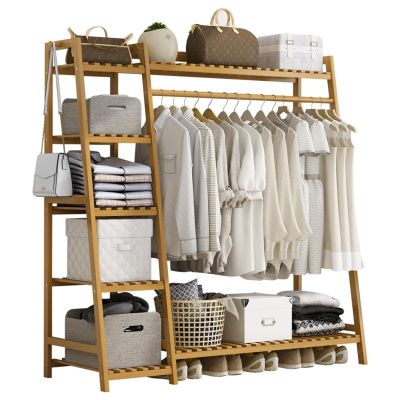 Baveke Bamboo Clothing Garment Rack 7 Tier Storage Shelf Coat Clothes Hanging Rack, Portable Wardrobe Closet Organizer With Top Shelf, Shoe Storage Shelves for Bedroom (Natural - 51.18 in)