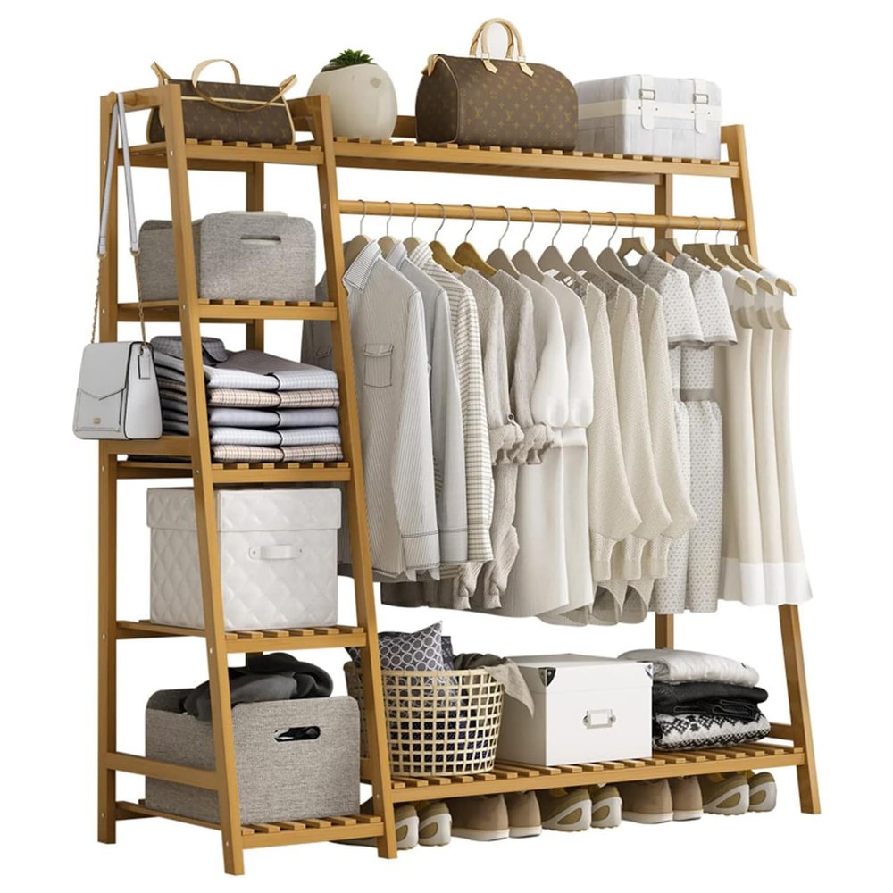 Baveke Bamboo Clothing Garment Rack 7 Tier Storage Shelf Coat Clothes Hanging Rack, Portable Wardrobe Closet Organizer With Top Shelf, Shoe Storage Shelves for Bedroom (Natural - 51.18 in)