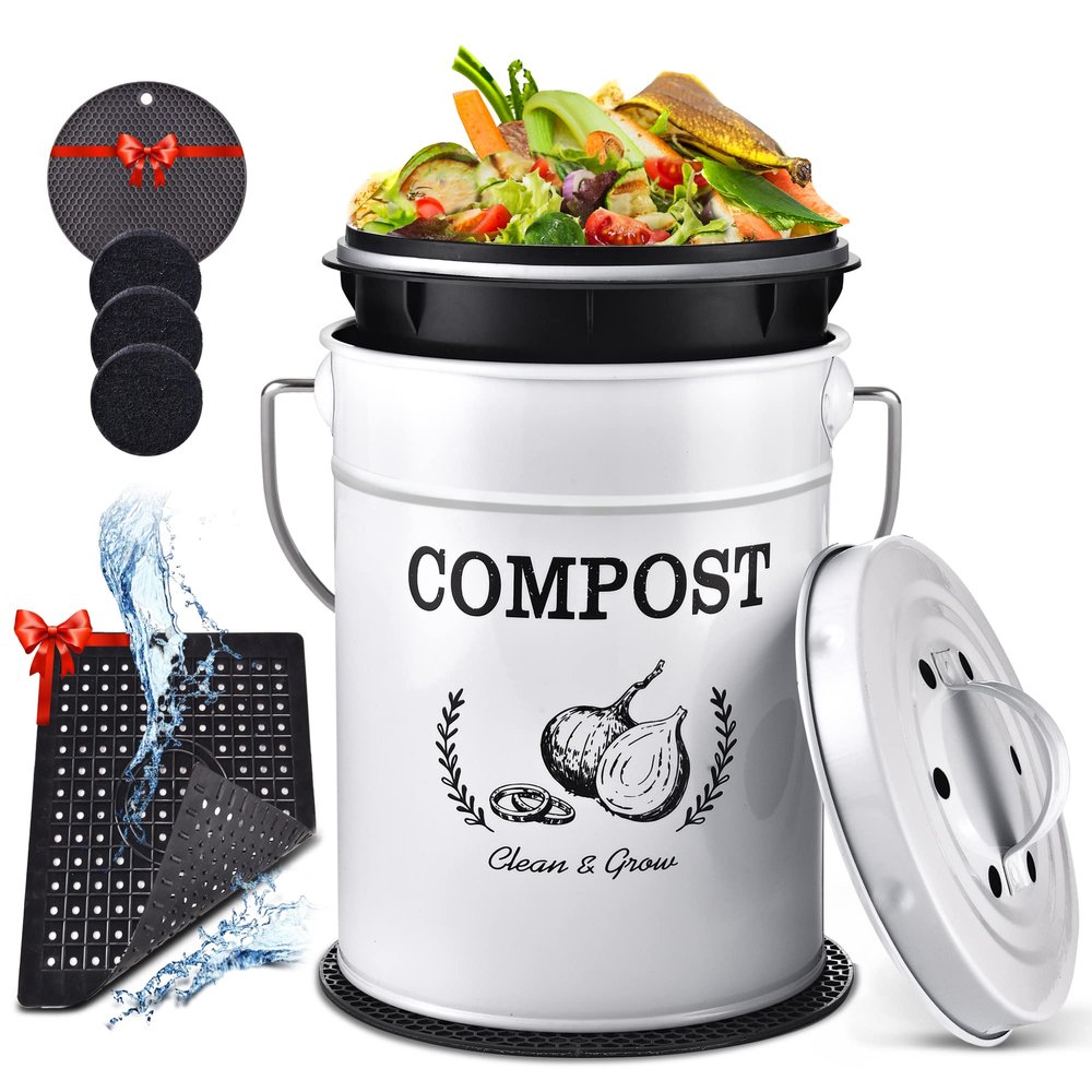 AOSION Countertop Compost Bin Kitchen,Odorless Indoor Compost Bin with Lid and Compost Bags,Compost Bucket Composter Container for Food Waste,White